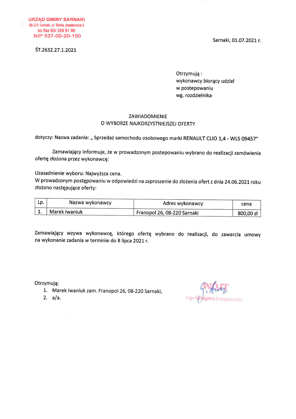 Zawiadomienie o wyborze najkorzystniejszej oferty - Renault Clio